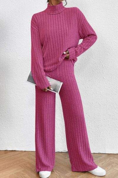 Mock Neck Dropped Shoulder Top and Pants Set - Trendsi - Flyclothing LLC