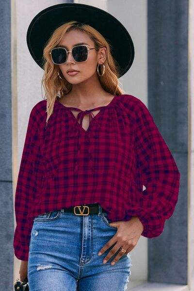 Plaid Tie Neck Balloon Sleeve Blouse - Trendsi - Flyclothing LLC
