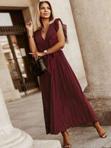 Tied Surplice Cap Sleeve Pleated Dress - Trendsi - Flyclothing LLC