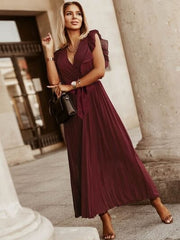 Tied Surplice Cap Sleeve Pleated Dress - Flyclothing LLC