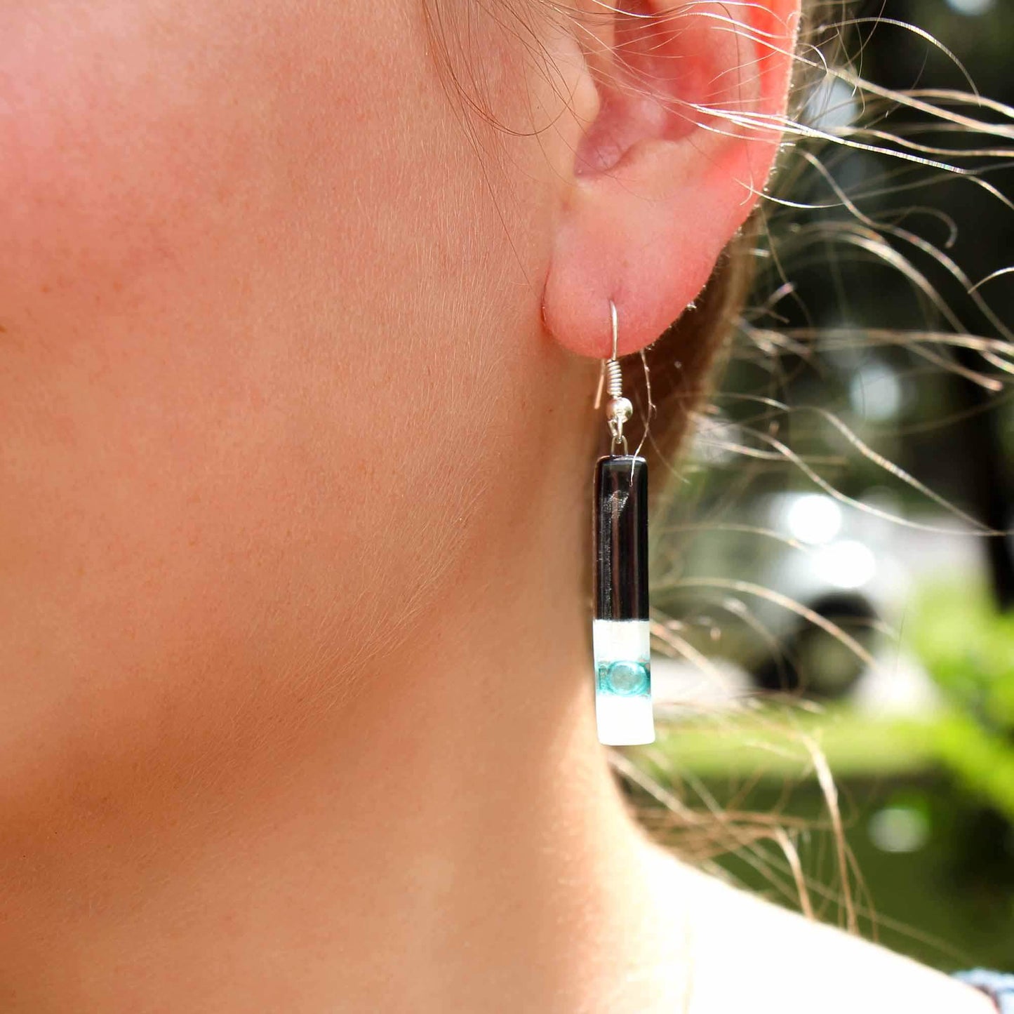 Long Rectangle Glass Dangle Earrings, Black Tie - Tili Glass - Calypso Glass - Flyclothing LLC