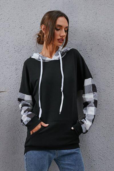 Plaid Drawstring Dropped Shoulder Hoodie - Trendsi