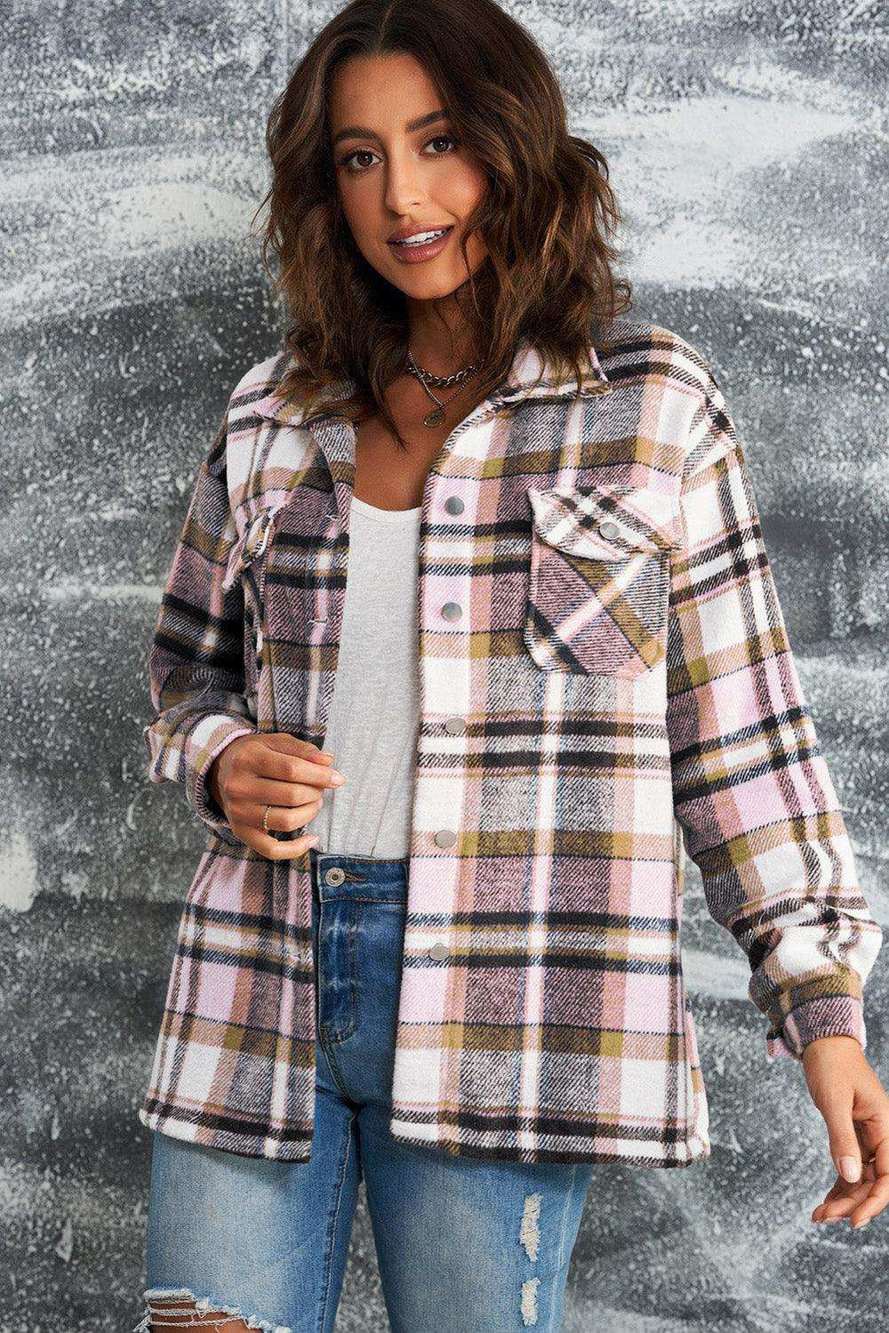 Plaid Button Front Shirt Jacket with Breast Pockets - Trendsi - Flyclothing LLC