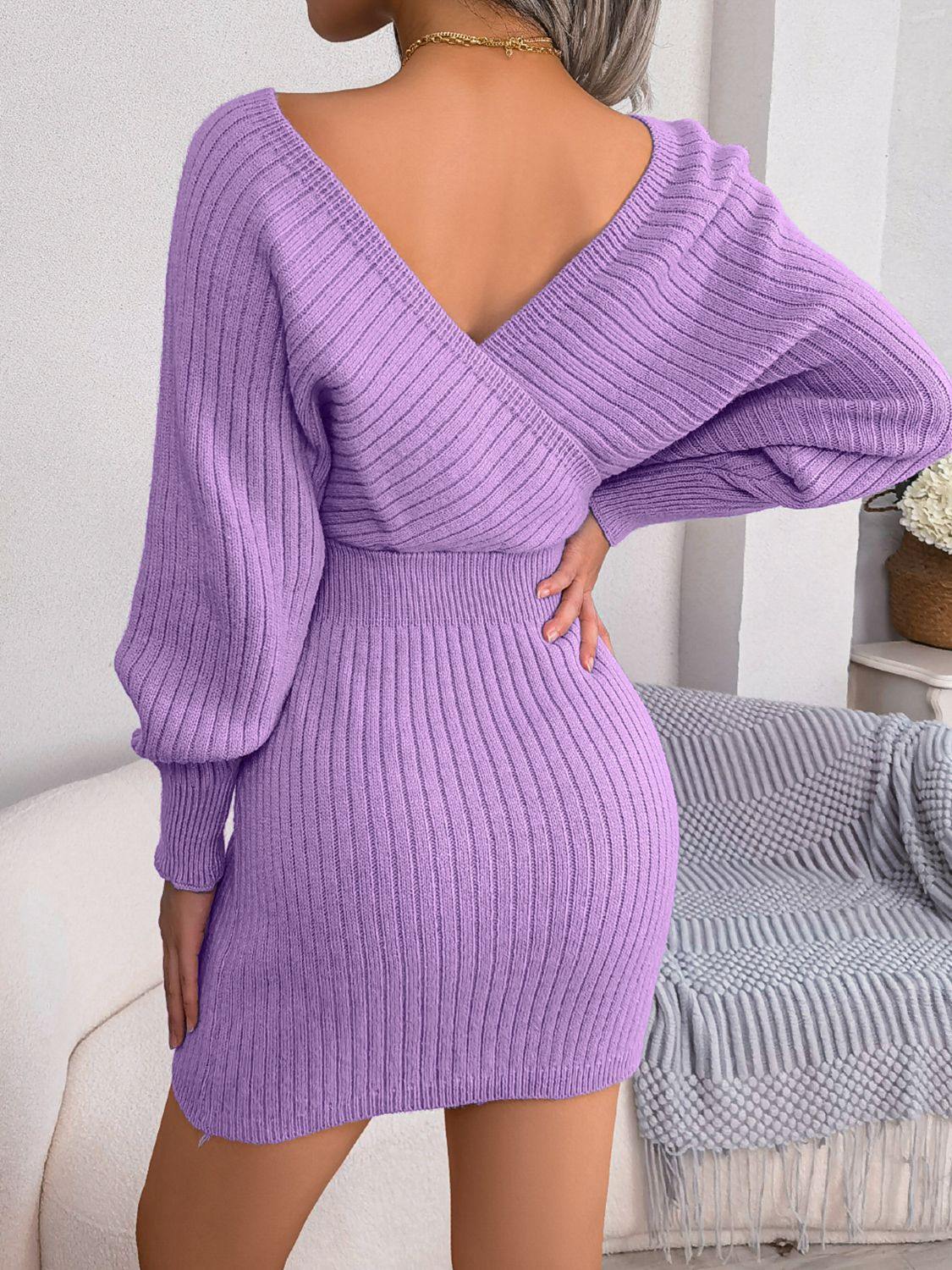 Rib-Knit Dolman Sleeve Sweater Dress - Trendsi