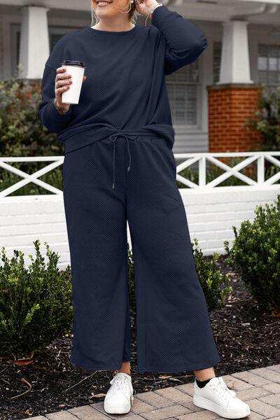 Double Take Full Size Textured Long Sleeve Top and Drawstring Pants Set - Trendsi - Flyclothing LLC