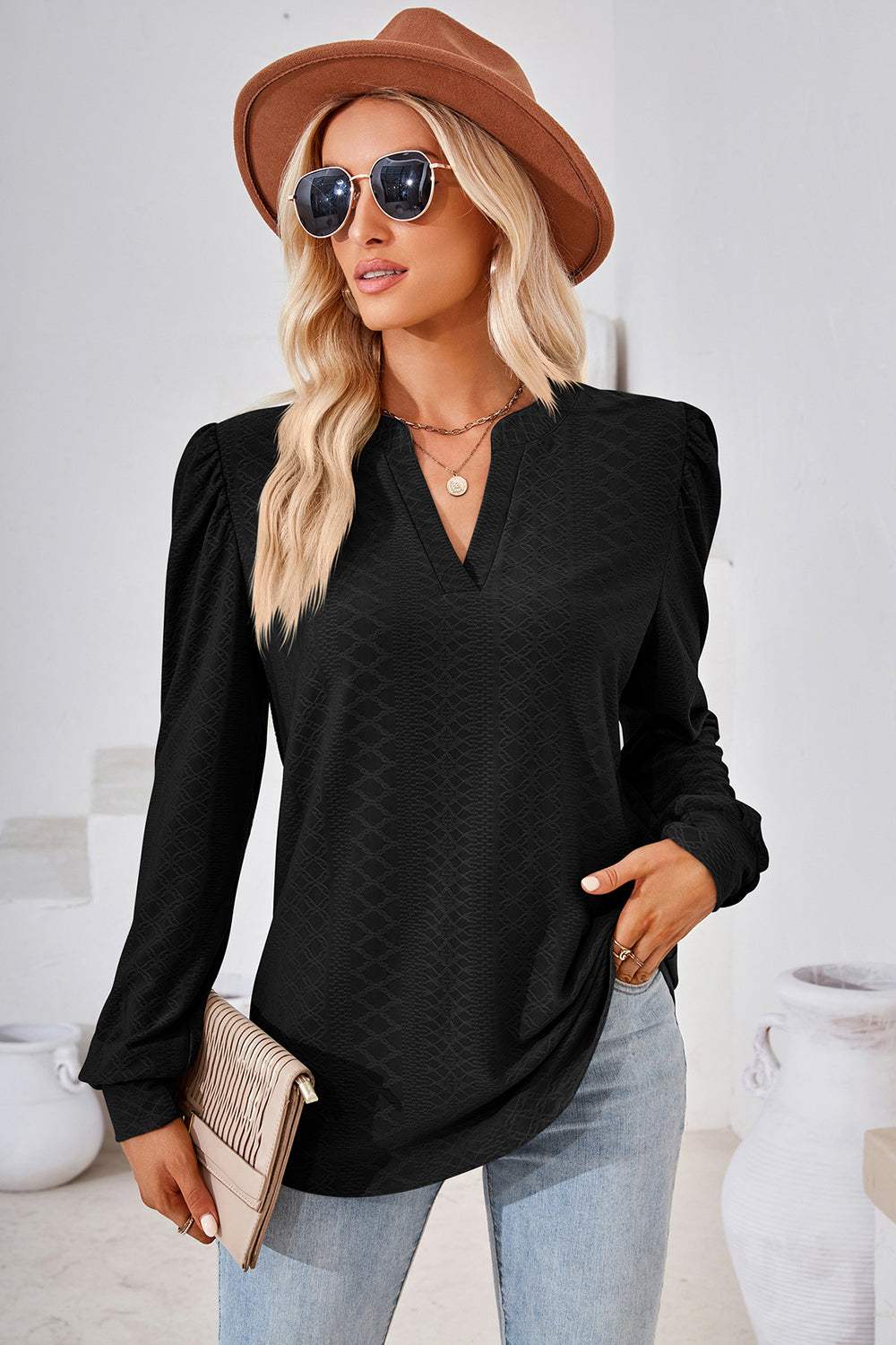 Notched Long Sleeve T-Shirt - Trendsi - Flyclothing LLC