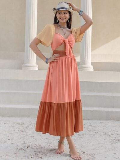 Color Block Tie Front Smocked Midi Dress - Trendsi - Flyclothing LLC