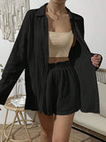 Dropped Shoulder Button Up Top and Elastic Waist Shorts Set - Trendsi