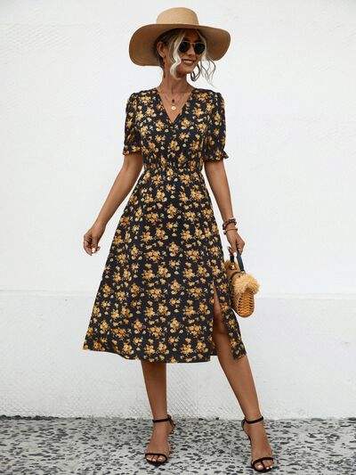 Slit Printed V-Neck Short Sleeve Dress - Trendsi - Flyclothing LLC