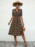 Slit Printed V-Neck Short Sleeve Dress - Trendsi - Flyclothing LLC
