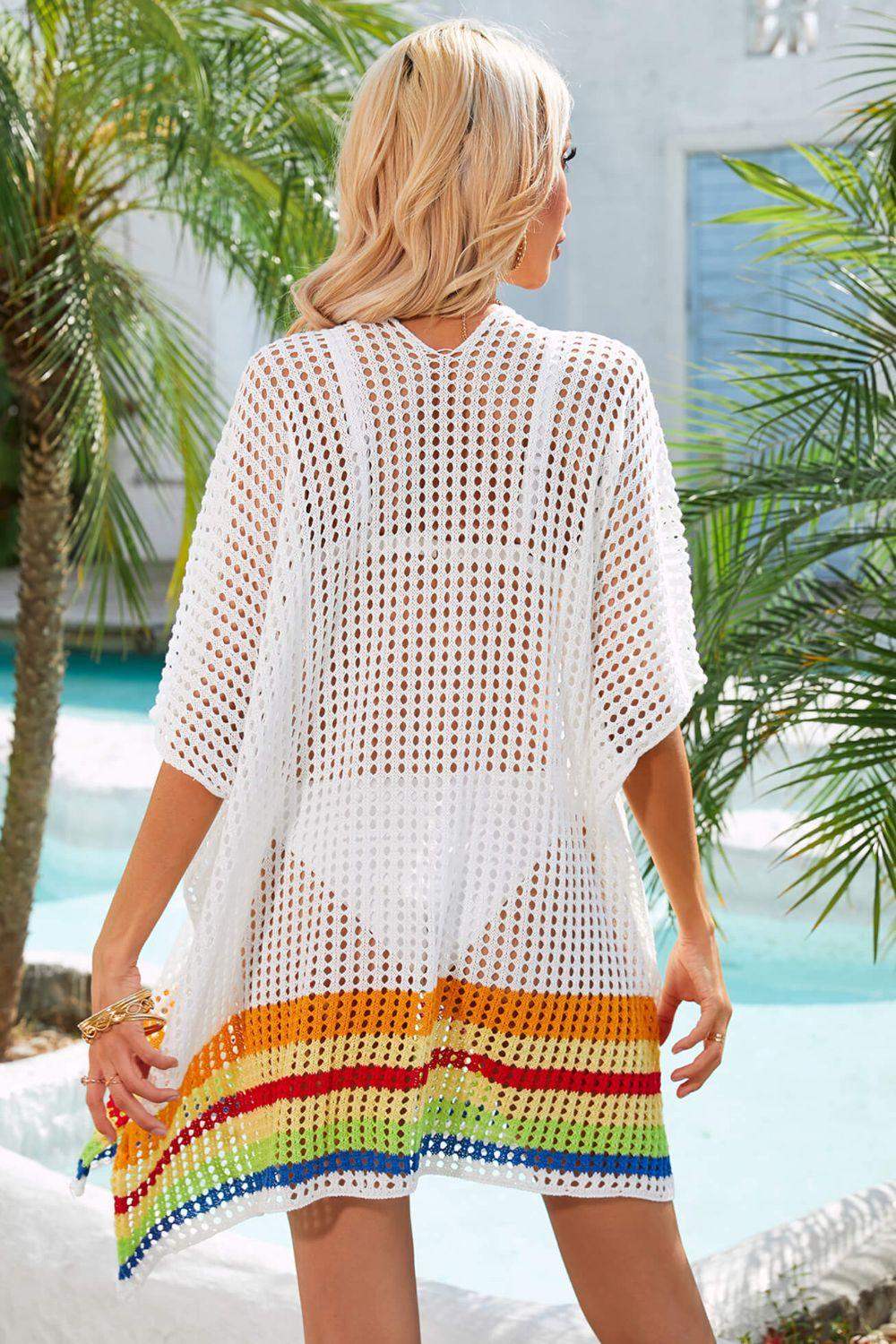 Rainbow Stripe Openwork Slit Cover-Up - Trendsi - Flyclothing LLC