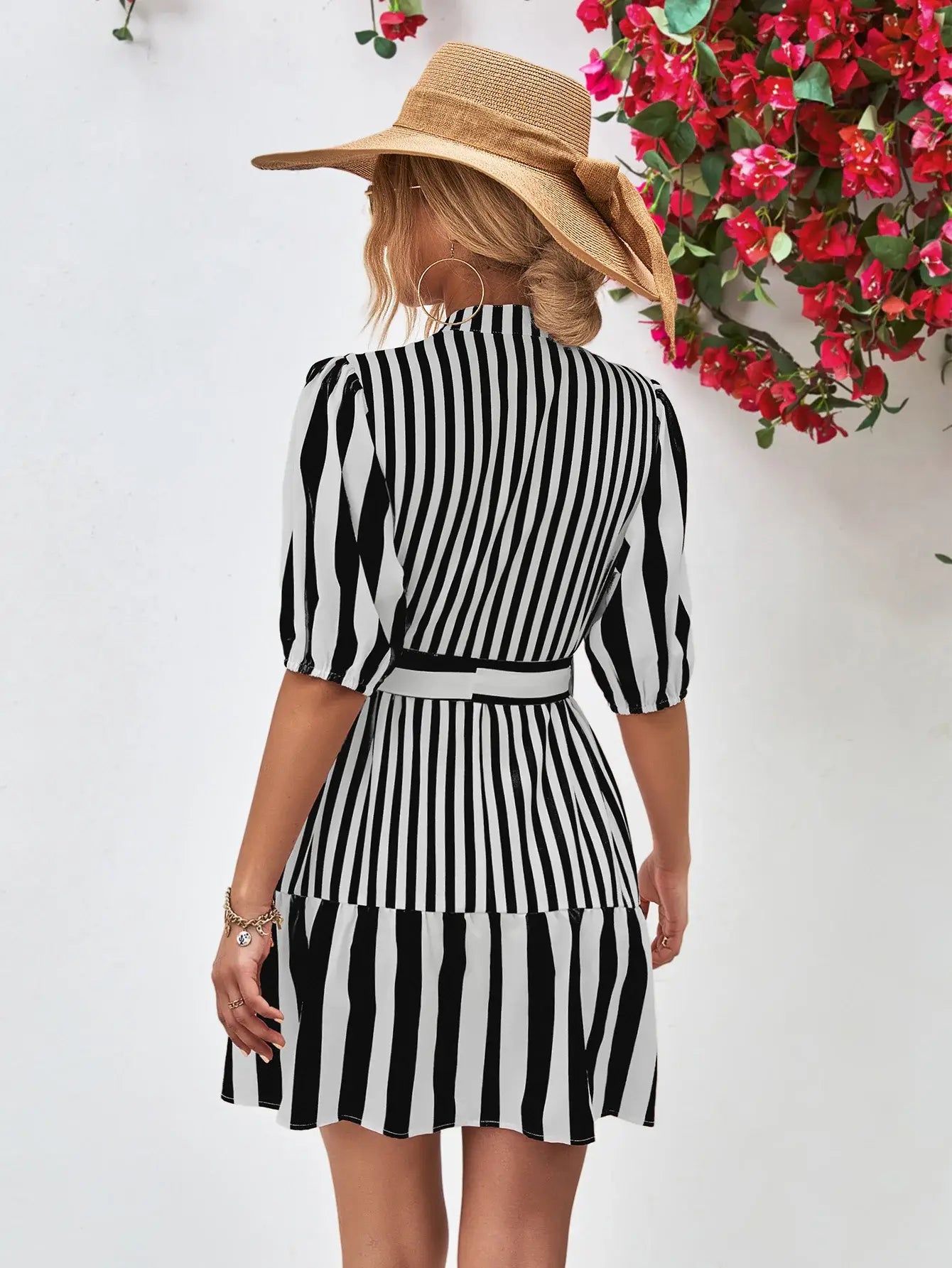 Striped Half Sleeve Tie Waist Mini Dress - Trendsi - Flyclothing LLC