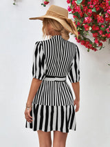 Striped Half Sleeve Tie Waist Mini Dress - Trendsi - Flyclothing LLC