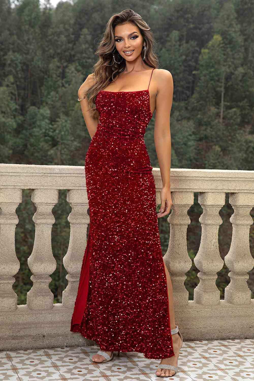 Sequin Backless Split Maxi Dress - Trendsi - Flyclothing LLC