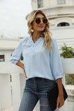 Swiss Dot Notched Neck Three-Quarter Sleeve Blouse - Trendsi - Flyclothing LLC