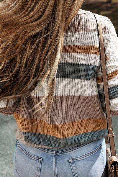 Striped Round Neck Dropped Shoulder Sweater - Trendsi - Flyclothing LLC