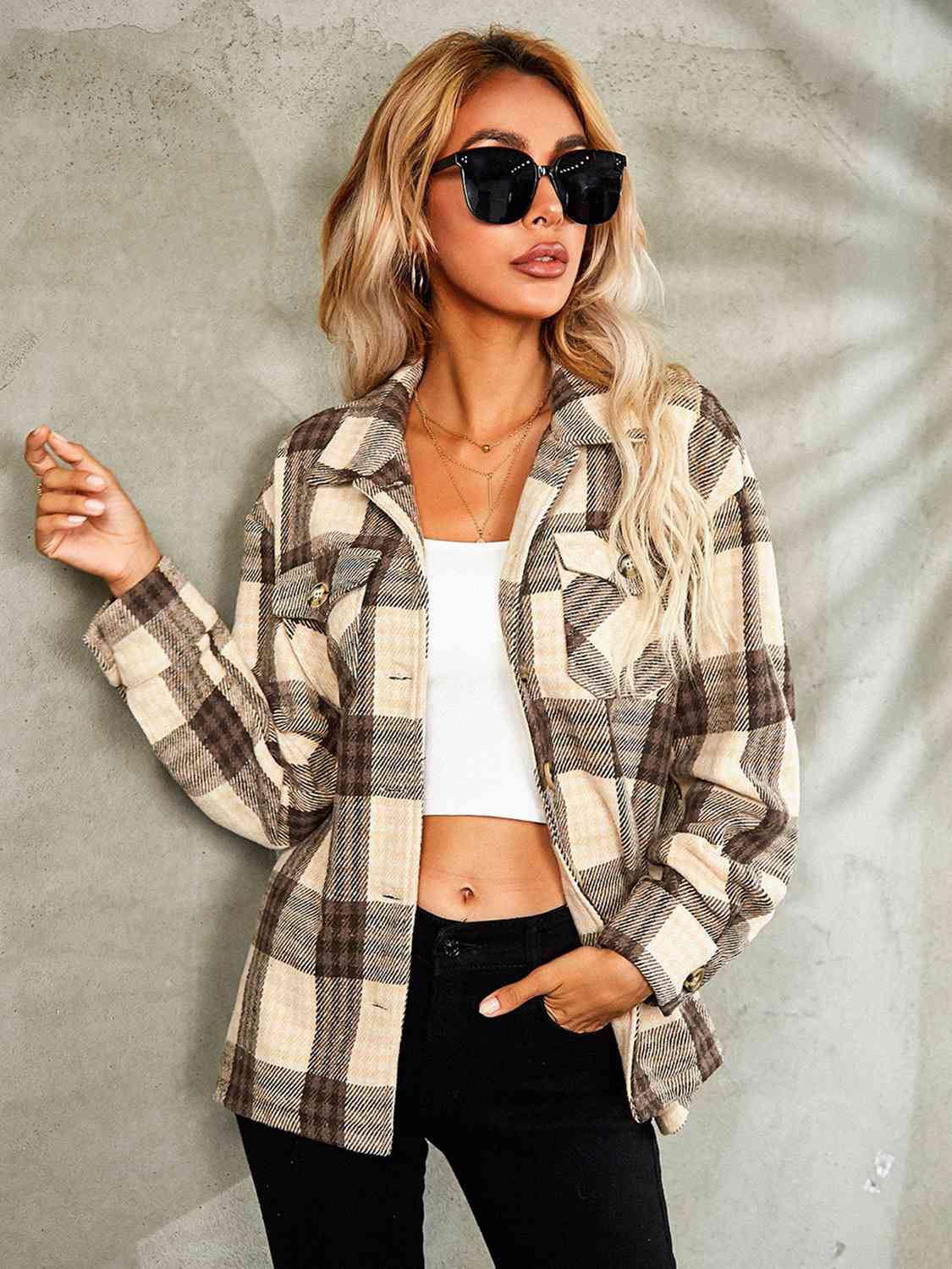 Plaid Button Down Collared Jacket - Trendsi