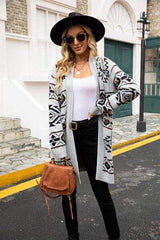 Pocketed Geometric Open Front Dropped Shoulder Cardigan - Trendsi - Flyclothing LLC