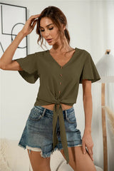 Decorative Button V-Neck Tied Blouse - Trendsi - Flyclothing LLC