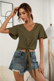 Decorative Button V-Neck Tied Blouse - Trendsi - Flyclothing LLC