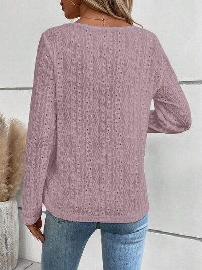 Openwork Half Button Long Sleeve Blouse - Trendsi - Flyclothing LLC