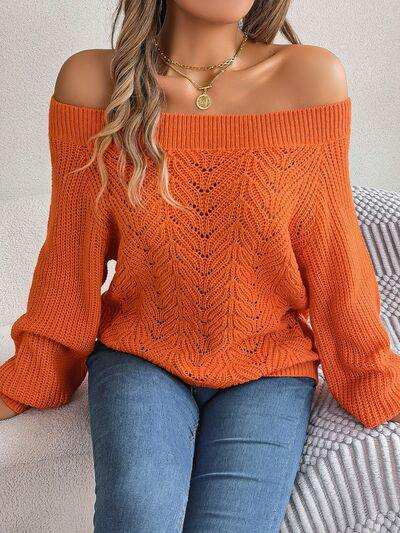 Openwork Off-Shoulder Long Sleeve Sweater - Trendsi - Flyclothing LLC