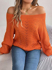 Openwork Off-Shoulder Long Sleeve Sweater - Trendsi