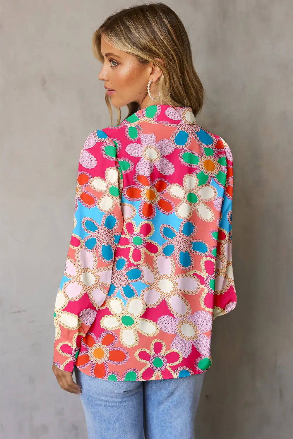 Floral Print Lantern Sleeve Collared Neck Shirt - Trendsi - Flyclothing LLC