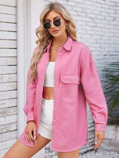 Pocketed Snap Down Dropped Shoulder Denim Shacket - Trendsi - Flyclothing LLC