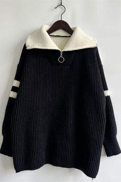 Quarter Zip Striped Dropped Shoulder Sweater - Trendsi - Flyclothing LLC