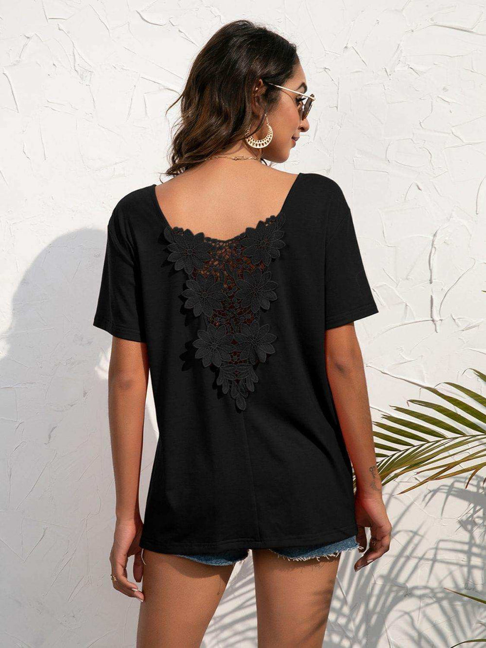 Lace Trim Short Sleeve Top - Trendsi - Flyclothing LLC