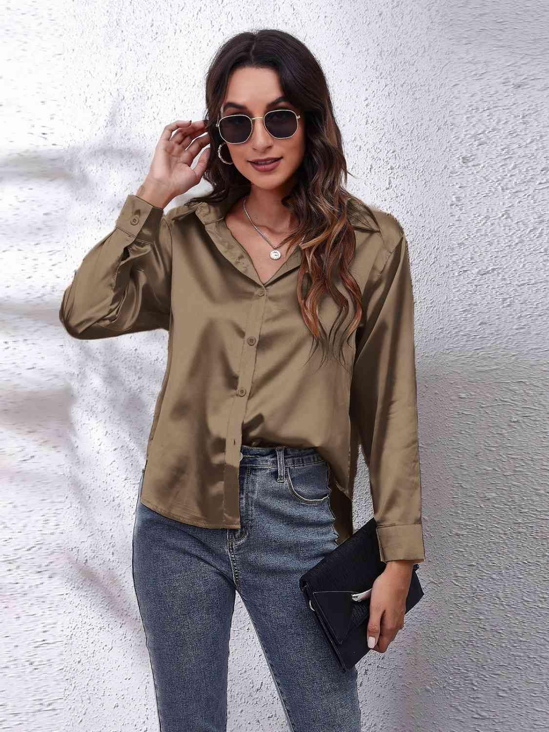 Collared Neck Buttoned Long Sleeve Shirt - Trendsi