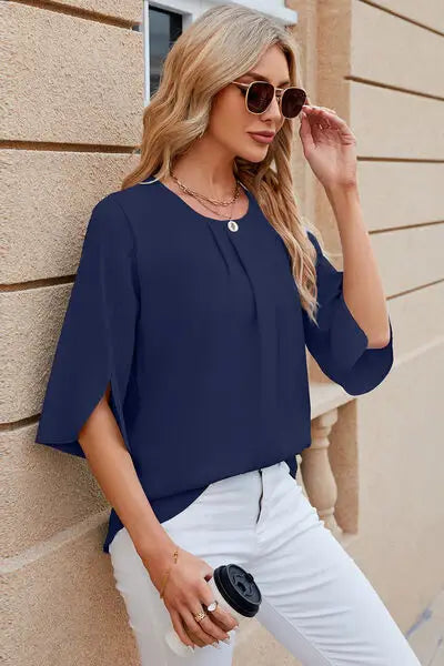 Round Neck Slit Half Sleeve Top - Trendsi - Flyclothing LLC
