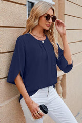 Round Neck Slit Half Sleeve Top - Trendsi
