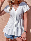 Button Front Eyelet Flutter Sleeve Tiered Blouse - Trendsi