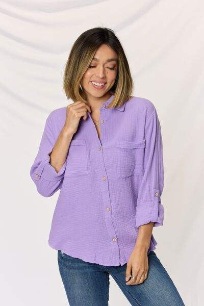 Zenana Texture Button Up Raw Hem Long Sleeve Shirt - Trendsi - Flyclothing LLC