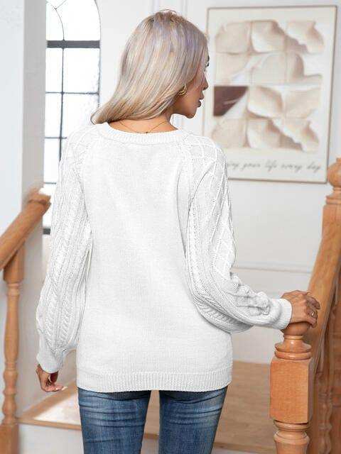 Cable-Knit Round Neck Buttoned Sweater - Trendsi - Flyclothing LLC