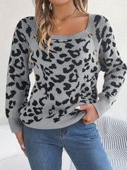 Leopard Buttoned Square Neck Sweater - Trendsi