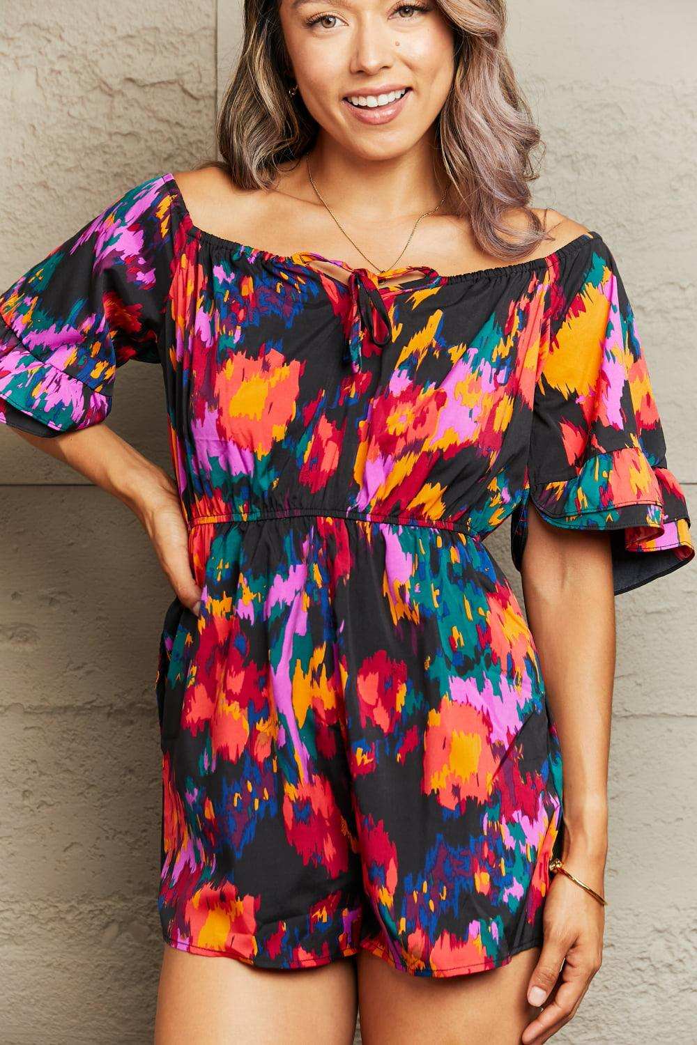 Printed Tied Flounce Sleeve Romper - Trendsi - Flyclothing LLC