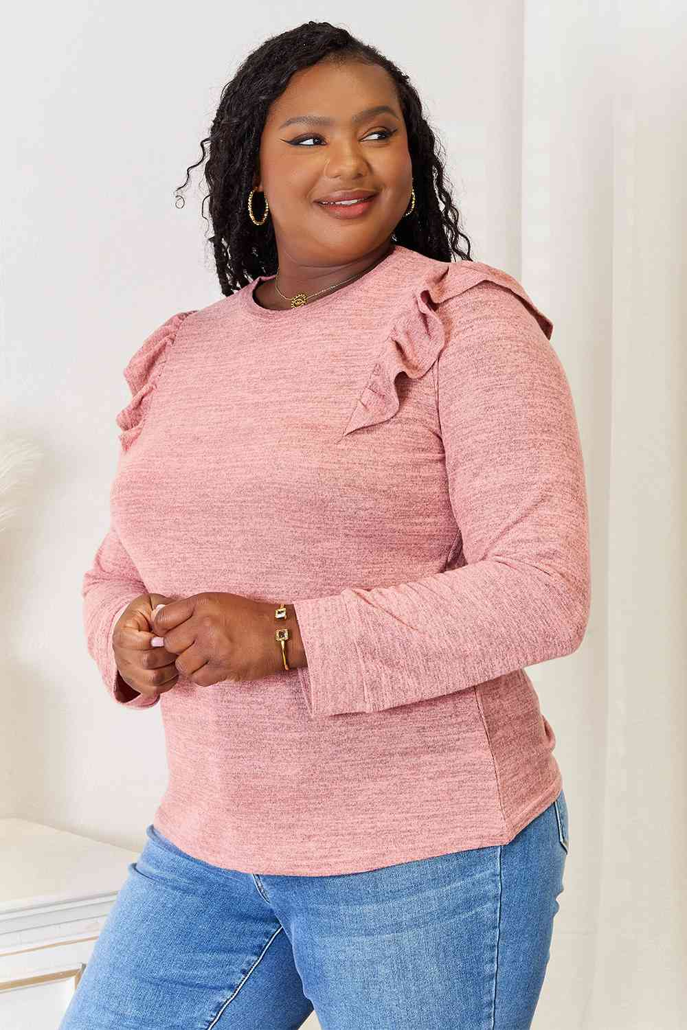 Double Take Ruffle Shoulder Long Sleeve T-Shirt - Trendsi - Flyclothing LLC