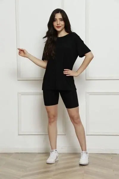 Round Neck Short Sleeve T-Shirt and Shorts Set - Trendsi - Flyclothing LLC