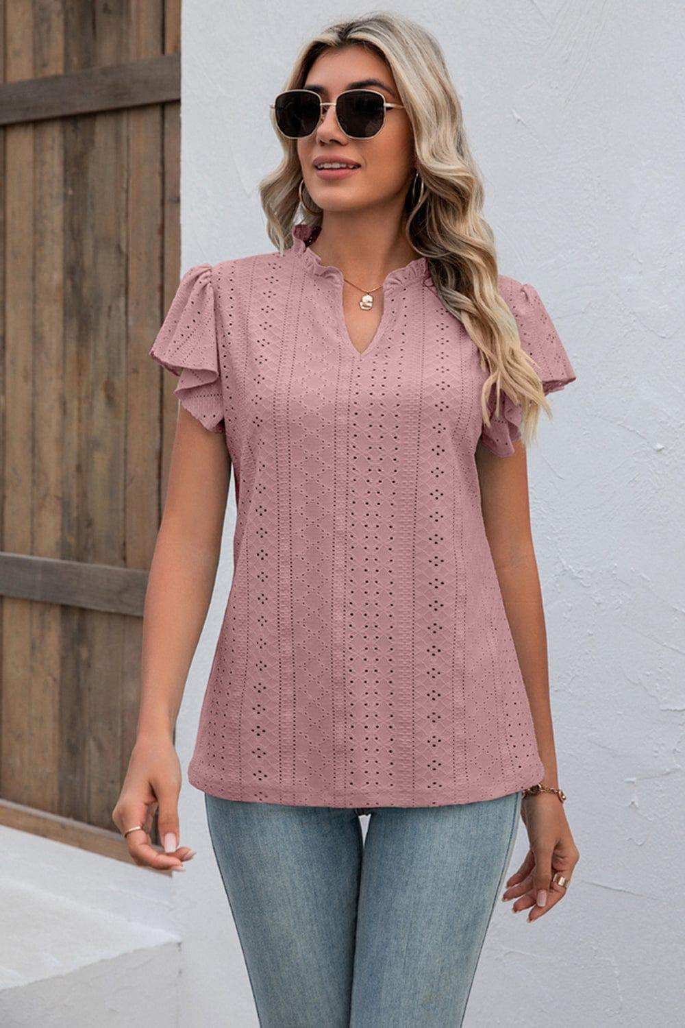 Eyelet Notched Neck Flutter Sleeve Top - Trendsi - Flyclothing LLC