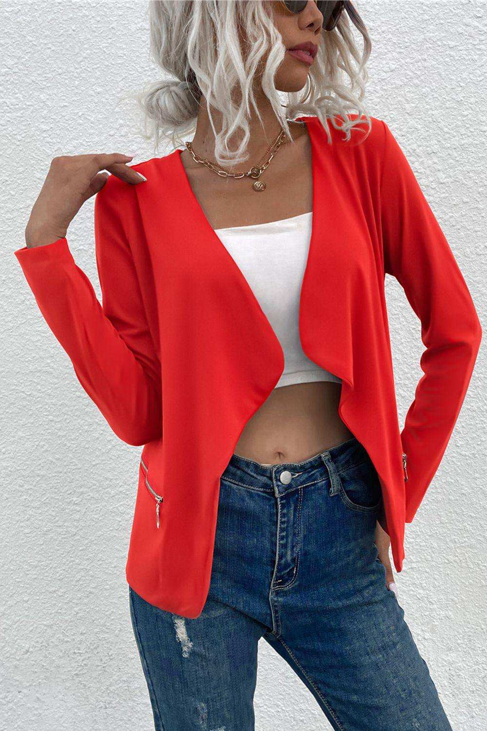 Open Front Zipper Pocket Cardigan - Trendsi - Flyclothing LLC