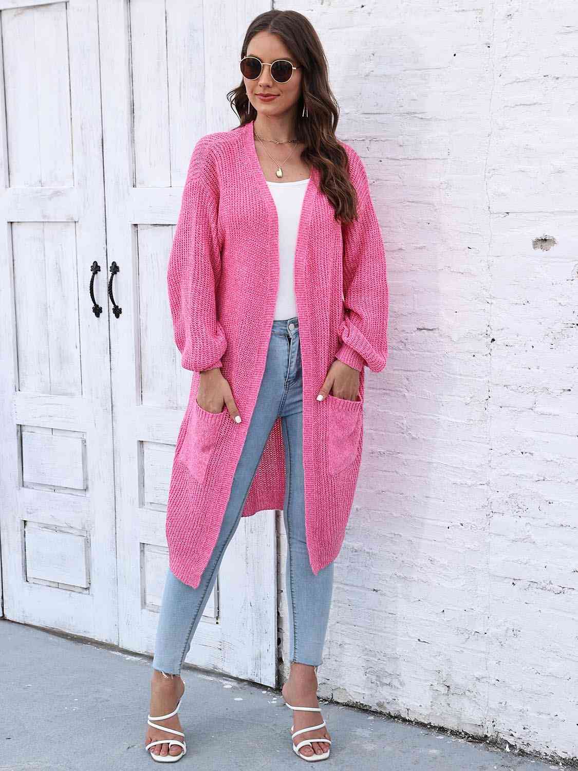 Open Front Longline Cardigan with Pockets - Trendsi - Flyclothing LLC