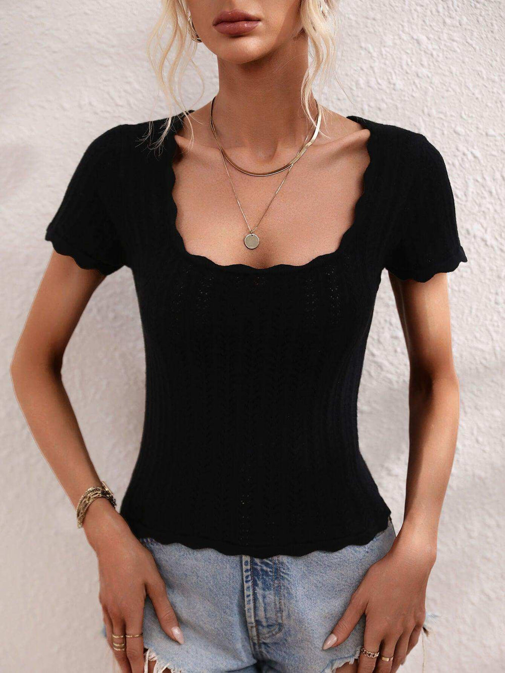 Scalloped Hem Square Neck Knit Top - Trendsi - Flyclothing LLC
