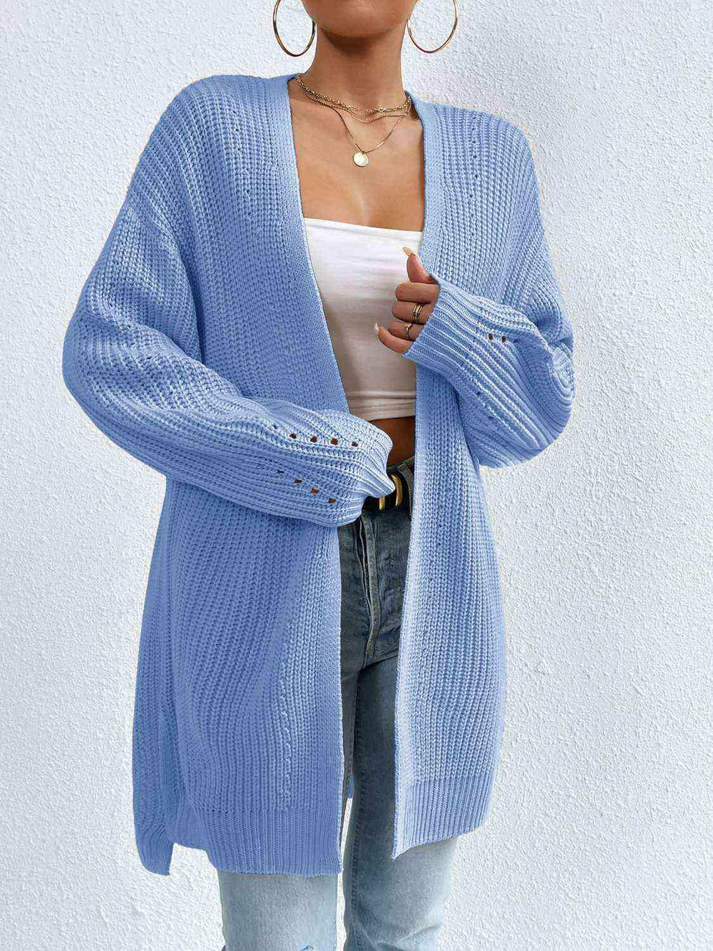 Open Front Dropped Shoulder Slit Cardigan - Trendsi - Flyclothing LLC