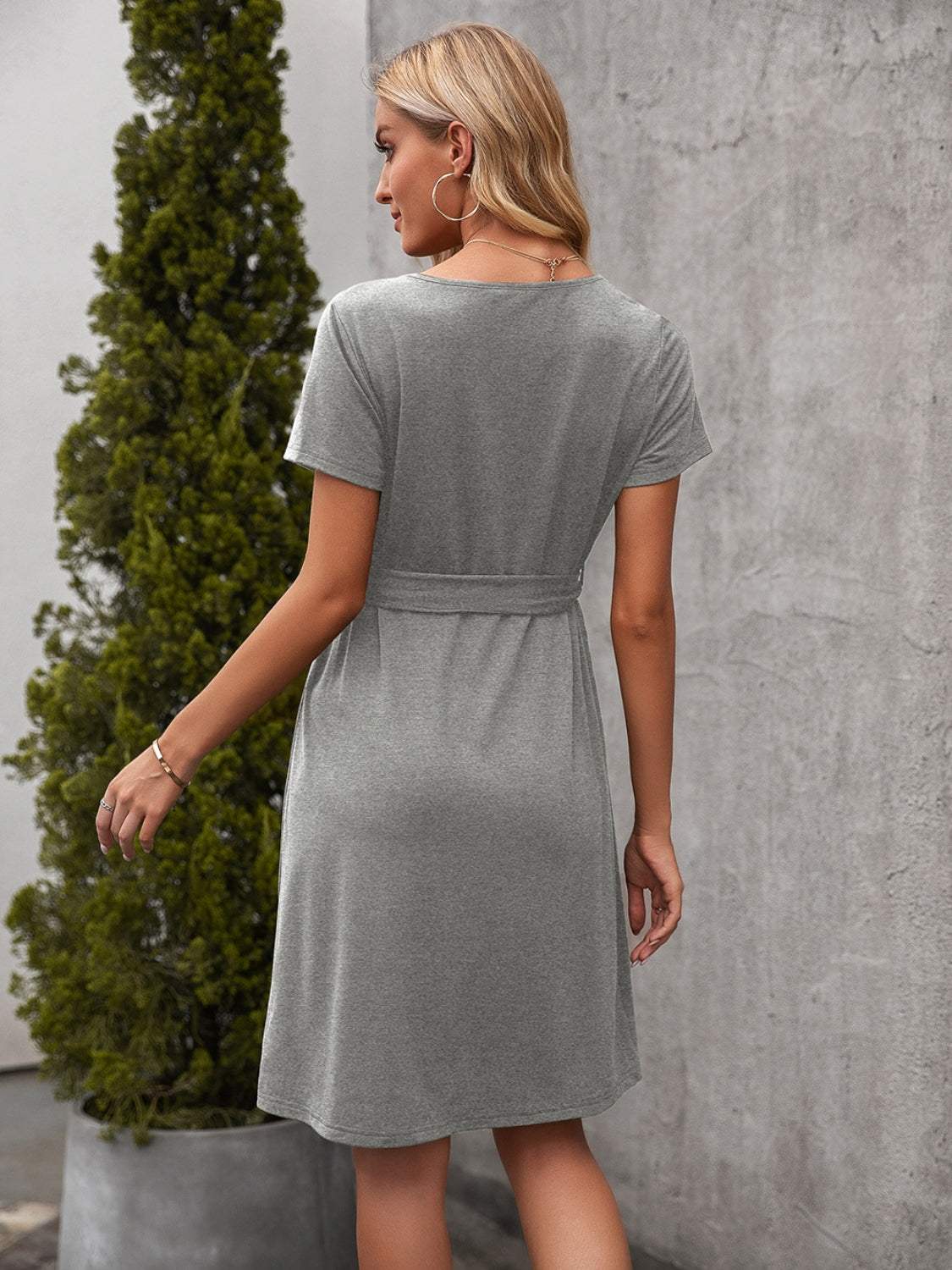 Tied Notched Short Sleeve Dress - Trendsi - Flyclothing LLC