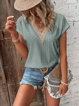 Eyelet V-Neck Short Sleeve T-Shirt - Trendsi - Flyclothing LLC
