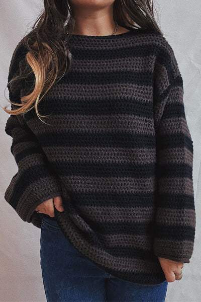 Striped Round Neck Dropped Shoulder Sweater - Trendsi - Flyclothing LLC