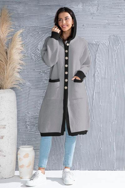 Button Up Contrast Trim Hooded Cardigan - Trendsi